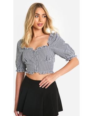 Boohoo Gingham Frill Hem Puff Sleeve Crop Top - Grey