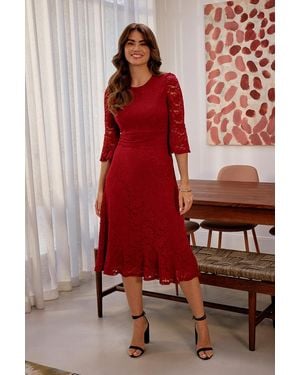 Izabel London Lace Semi Sheer 3/4 Flute Sleeve Midi Dress - Red