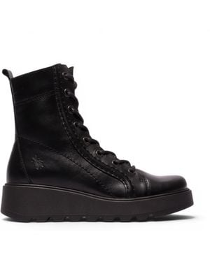Fly London Leather Lace-Up Wedge Heel Combat Boots - Black