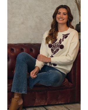 Izabel London Embroidered Print Drop Shoulder Jumper - Natural