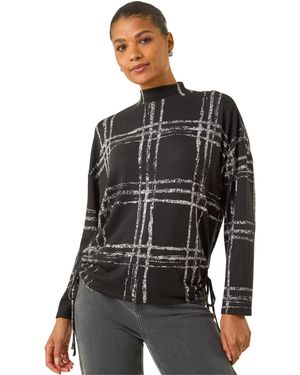 Roman Plaid Print Side Tie Top - Black