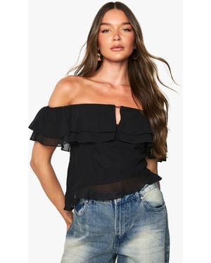 Boohoo Ruffle Bardot Crop Top - Black