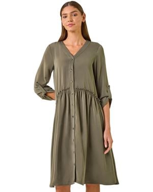 Roman Satin Drop Waist Smock Dress - Green