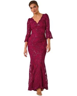 Ariella Lace Scallop V-Neck Bodycon Maxi Dress - Red