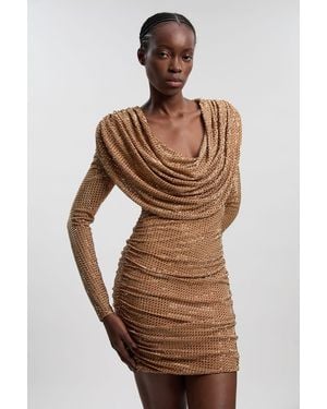 Karen Millen Premium Crystal Embellished Jersey Cowl Neck Mini Dress - Brown
