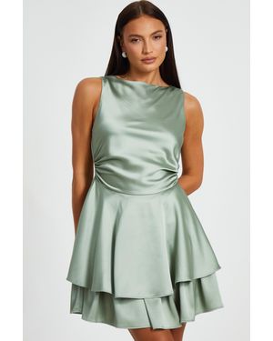 Quiz Sage Satin Tiered Skater Dress - Green