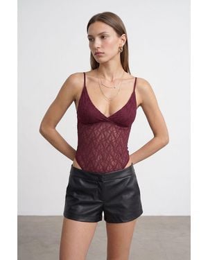 Dilvin Lace Sleeveless Bodysuit Blouse - Red