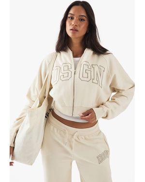 DSGN Studio Collegiate Embroidered Boxy Zip Through Hoodie - Natural
