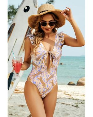 Everyday the Label Dames Cutout Dierenprint Rimpel Wide Strap Eenstuk Badmode - Bruin
