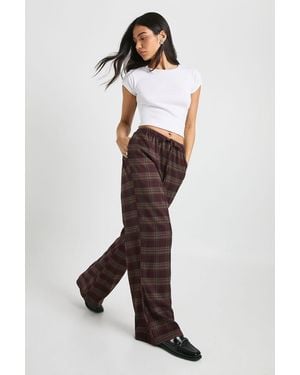 Boohoo Check Drawcord Waist Wide Leg Trousers - Brown