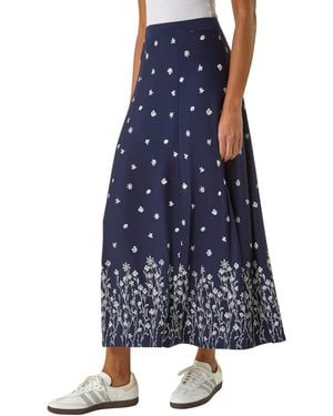 Roman Floral Border Print Stretch Skirt - Blue