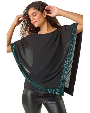 Roman Sequin Hem Overlay Stretch Top - Black