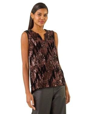 Roman Sequin Velvet Notch Neck Top - Brown