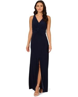 Adrianna Papell Shirred Mermaid Jersey Gown - Blue