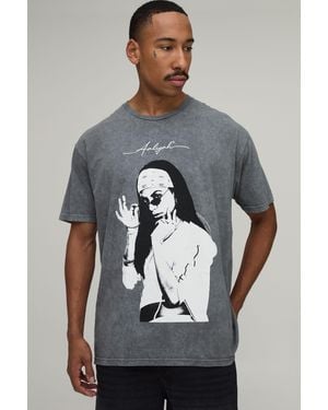 BoohooMAN Oversized Washed Aaliyah License Print T-Shirt - Grey