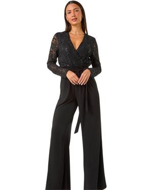 Roman Sequin Lace V-Neck Stretch Jumpsuit - Black