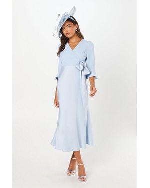 Coast Ruffle Sleeve Satin Back Crepe Wrap Dress - Blue