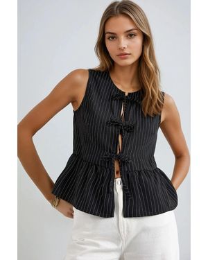 Hiccup Striped Crew Neck Sleeveless Blouse - Black
