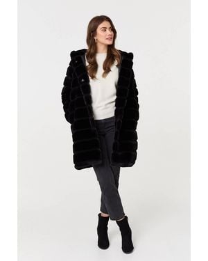 Izabel London Faux Fur Thigh Length Hooded Jacket - Black