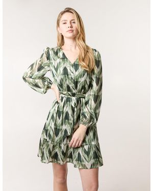 Blue Vanilla Metallic Zig Zag V Neck Belted Dress - Green