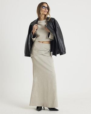 River Island Midi Skirt Hammered Faux Leather Pu - Natural