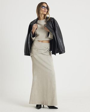 River Island Midi Skirt Hammered Faux Leather Pu - Natural