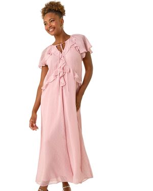 Roman Metallic Dobby Frill Midi Dress - Pink
