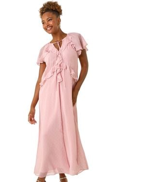 Roman Metallic Dobby Frill Midi Dress - Pink