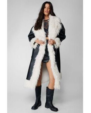 Nasty Gal Faux Leather Shearling Fur Trim Longline Afghan Coat - Grey
