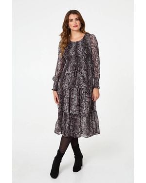 Izabel London Snake Print Smocked Midi Tiered Dress - Blue