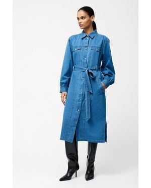 French Connection Cotton Long Balloon Sleeve Button Up Self-Tie Denim Midi Dress - Blue