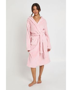 Boohoo Ribbed Fleece Hooded Long Dressing Gown - Pink