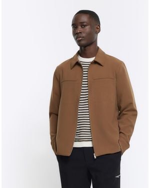 River Island Smart Shacket Regular Fit Zip Up - Brown