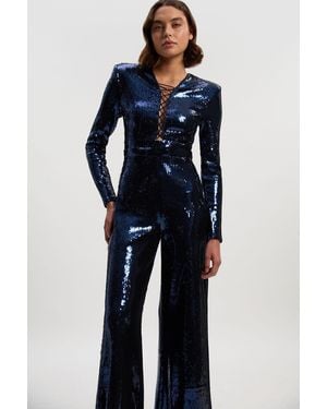 Karen Millen Petite Sequin Power Mesh Lace Up Detail Long Sleeve Jumpsuit - Blue