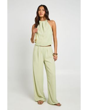 Boohoo Chiffon Pleated Halterneck Top And Wide Leg Trouser Set - Green