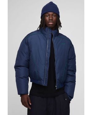BoohooMAN Oversized Boxy Piping Panel Funnel Neck Puffer Jacket - Blue