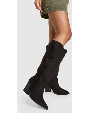 Boohoo Wide Fit Fringe Cowboy Boots - Black