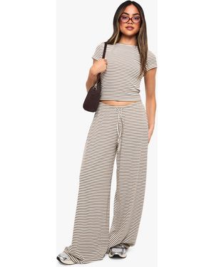 Boohoo Striped Mid Rise Wide Leg Trouser - White