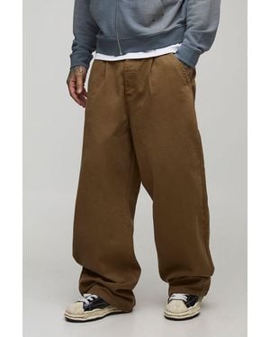 BoohooMAN Tall Wide Fit Half & Waistband Washed Twill Trouser - Green