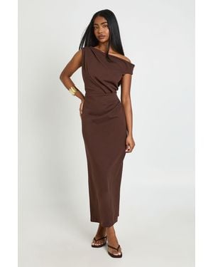 Boohoo Jersey Crepe Drape Shoulder Midaxi Dress - Brown
