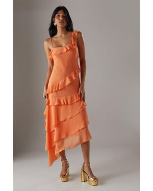 Warehouse Chiffon Asymmetric Hem Ruffle Midi Slip Dress - Orange