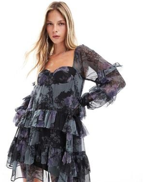 ASOS Ruffle Corset Detail Tiered Mini Dress - Blue
