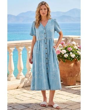 Roman Floral Denim Shirt Dress - Blue