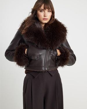 River Island Biker Jacket Faux Fur Collar Cropped Pu - Black
