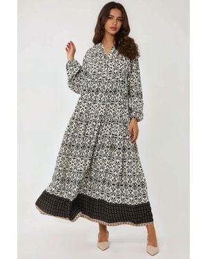 Hiccup Printed Maxi Dress With Shirt Collar - Grey