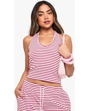 Boohoo Stripe Rib Halterneck Top - Red