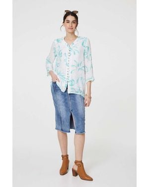 Izabel London Floral Turn-Up Sleeve Longline Shirt - Blue