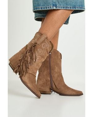 Boohoo Faux Suede Fold Over Tassel Detail Calf High Western Boots - Grey