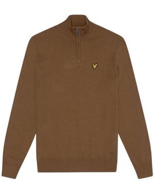 Lyle & Scott Plain Branded Cotton Merino Quarter Zip Wild Nettle Jumper - Brown