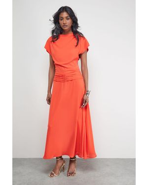 Warehouse Chiffon Grown On Sleeve Drop Waist Midi Dress - Red
